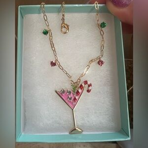 Pink Holiday Festive Martini Pendant Necklace